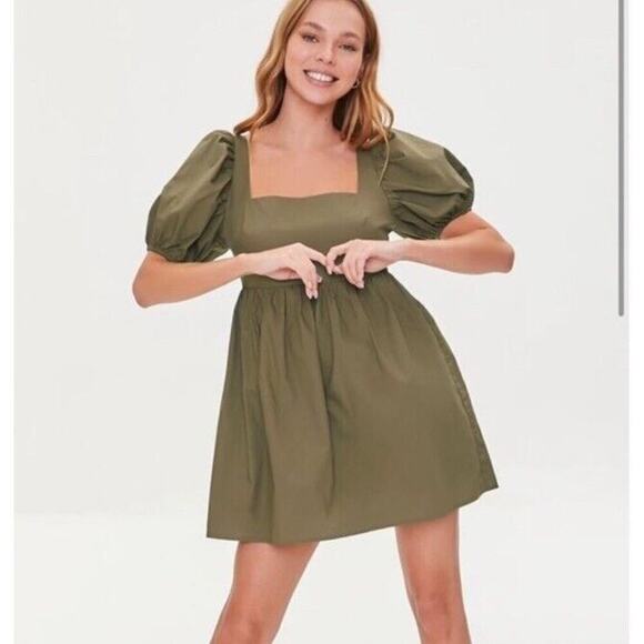 FOREVER 21 Baby Doll Mini Dress Women's Size L Olive Green 100% Cotton Y2K - Picture 2 of 14